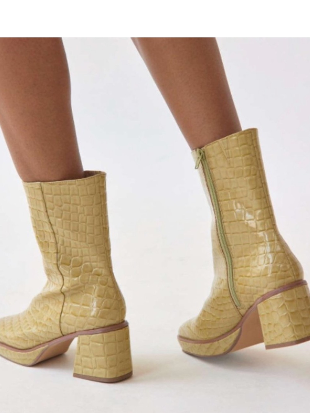 Urban Outfitters chunky chartreuse Bella Croc-Embossed Mid-Calf Block Heel Boots - Picture 13 of 13